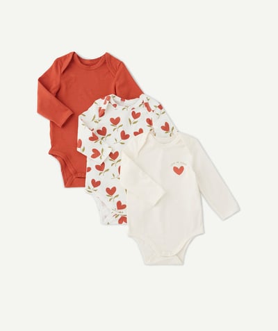 Newborn Tao Categories - PACK OF THREE BODYSUITS, RUST AND WHITE WITH HEARTS, IN ORGANIC COTTON