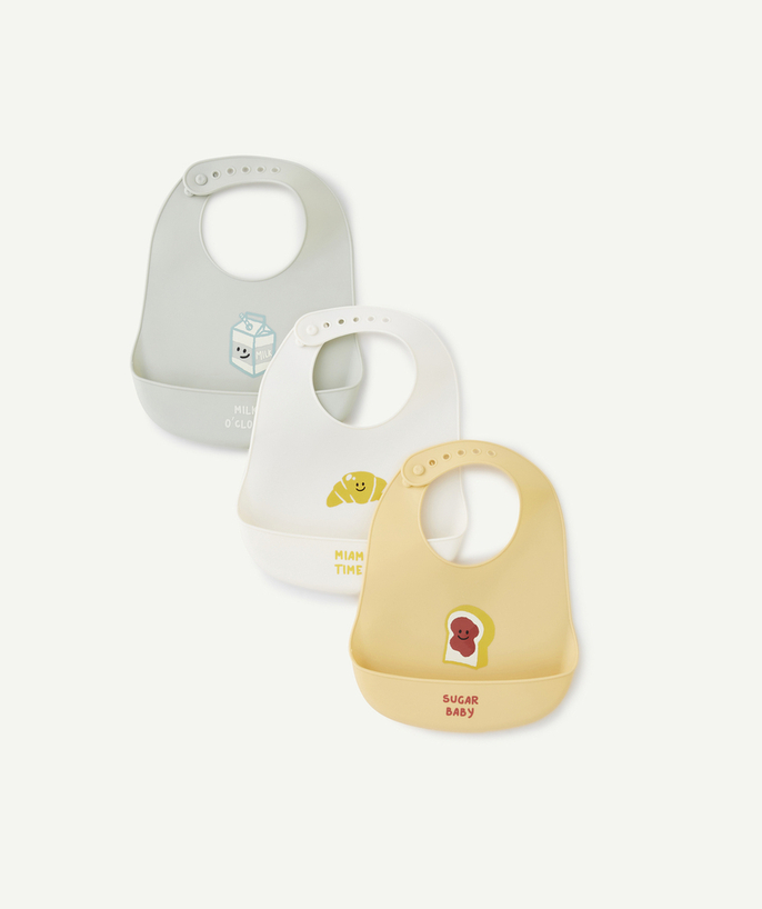 Bibs Tao Categories - SET OF THREE BABIES' BIBS IN RECYCLED SILICONE WITH A BREAKFAST THEME