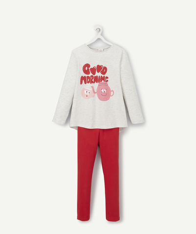 Back to school collection Nouvelle Arbo   C - GIRLS' RED AND GREY COTTON PYJAMAS WITH SLOGAN