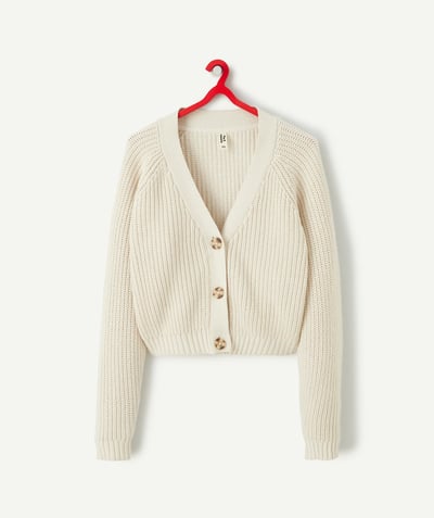 Pullover - Cardigan family - GIRLS' CREAM KNITTED CARDIGAN WITH BUTTONS AND V-NECK