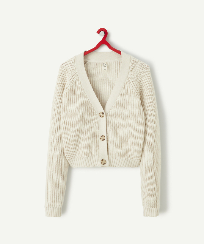 Pullover - Cardigan Nouvelle Arbo   C - GIRLS' CREAM KNITTED CARDIGAN WITH BUTTONS AND V-NECK
