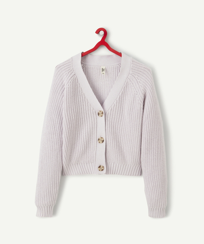 Back to school collection Nouvelle Arbo   C - GIRLS' LILAC KNITTED CARDIGAN WITH TORTOISESHELL-EFFECT BUTTONS