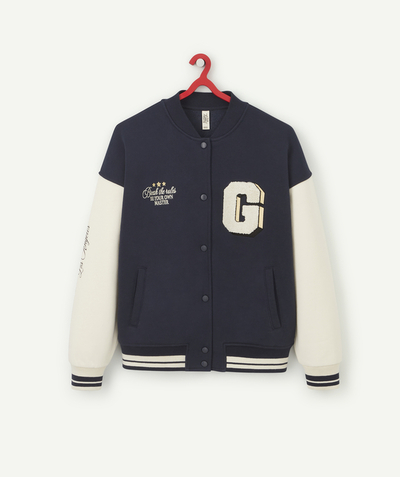 Pullover - Cardigan family - BOYS' BOMBER JACKET IN TWO-TONE RECYCLED FIBRES WITH A LETTER PATCH