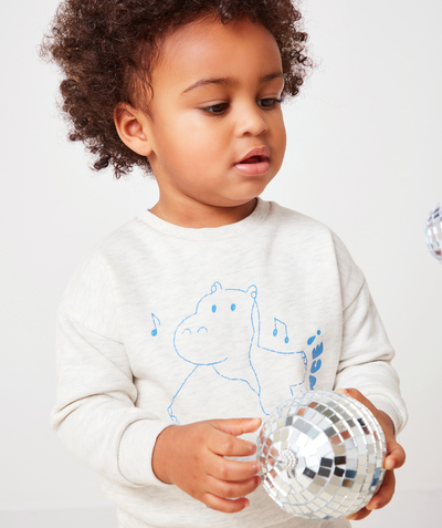 Basics Nouvelle Arbo   C - BABY BOYS' GREY MARL SWEATSHIRT IN RECYCLED FIBRES WITH A BLUE MOTIF