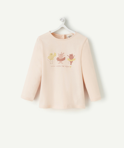 Basics Nouvelle Arbo   C - BABY GIRLS' LONG SLEEVED PINK T-SHIRT IN ORGANIC COTTON WITH FLOCKED ANIMALS