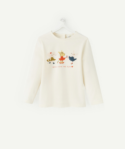 Basics Nouvelle Arbo   C - BABY GIRLS' LONG-SLEEVED CREAM T-SHIRT IN ORGANIC COTTON WITH FLOCKED ANIMALS