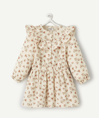 Back to school collection Nouvelle Arbo   C - BABY GIRLS' DRESS IN BEIGE COTTON WITH FLORAL PRINT AND RUFFLES