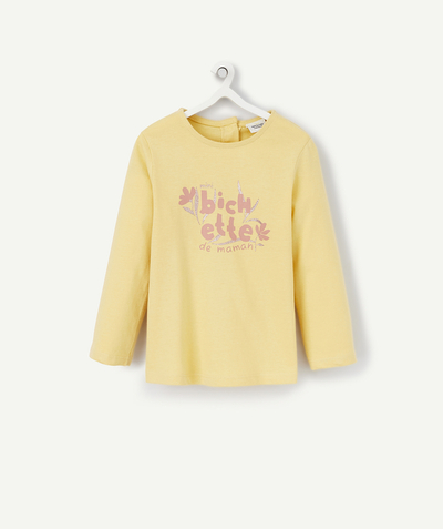 Bons plans Nouvelle Arbo   C - BABY GIRLS' YELLOW LONG-SLEEVED ORGANIC COTTON T-SHIRT WITH A PINK MESSAGE