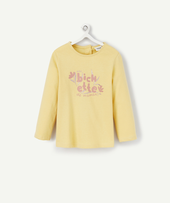 Outlet Tao Categories - BABY GIRLS' YELLOW LONG-SLEEVED ORGANIC COTTON T-SHIRT WITH A PINK MESSAGE