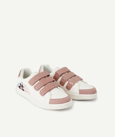 Teen girls Nouvelle Arbo   C - GIRLS' WHITE TRAINERS WITH PINK HOOK AND LOOP STRAPS WITH FLOWERS AND MESSAGES
