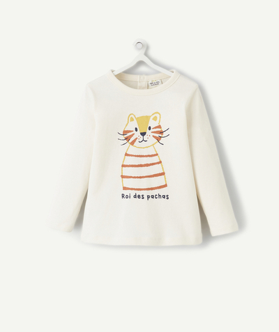T-shirt - undershirt Nouvelle Arbo   C - BABY BOYS' ORGANIC COTTON T-SHIRT WITH A FLOCKED CAT AND A MESSAGE