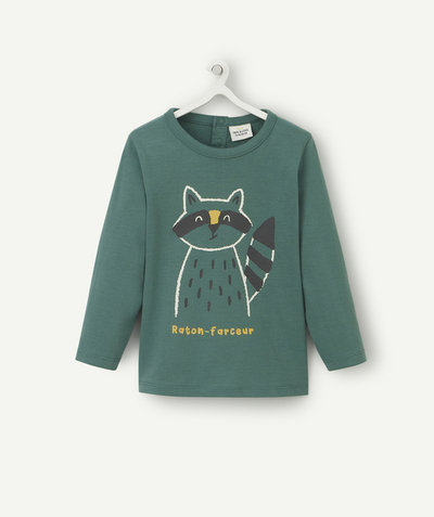 New collection Nouvelle Arbo   C - BABY BOYS' GREEN ORGANIC COTTON T-SHIRT WITH A MISCHIEVOUS RACCOON
