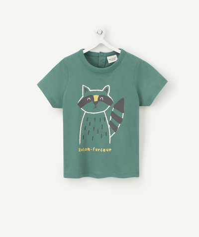 New collection Nouvelle Arbo   C - BABY BOYS' GREEN ORGANIC COTTON T-SHIRT WITH A RACCOON