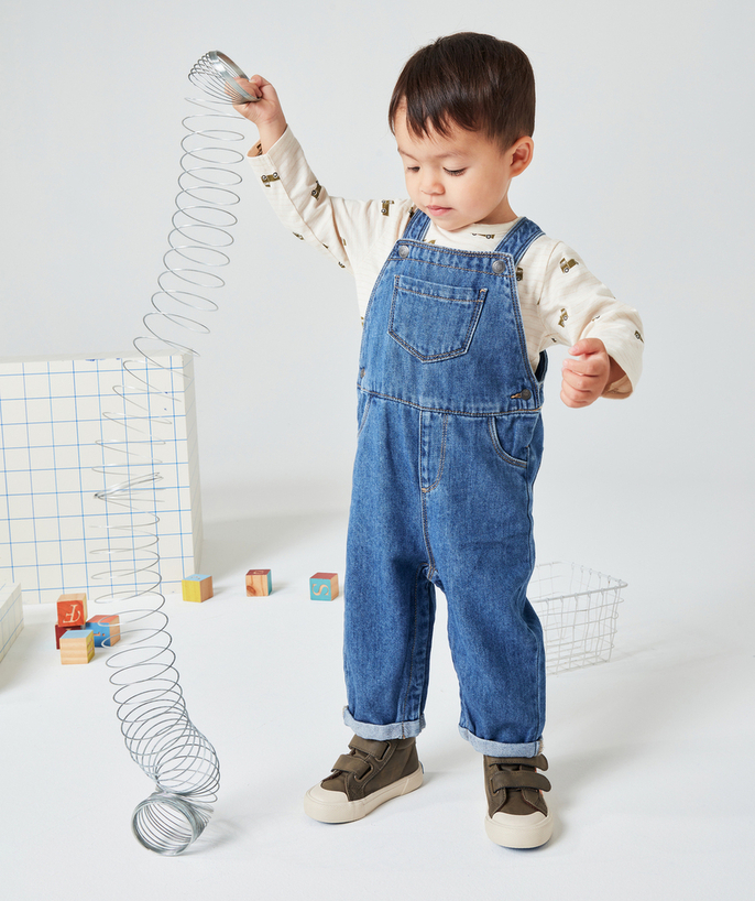 Back to school collection Tao Categories - BABY BOYS' DUNGAREES IN LOW IMPACT NAVY BLUE DENIM