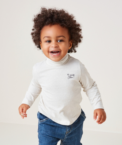 Clothing Nouvelle Arbo   C - BABY BOYS' GREY MARL ORGANIC COTTON FINE POLO NECK WITH SLOGAN