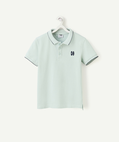 New collection Tao Categories - boy's polo shirt in blue organic cotton with embroidered surf motifs