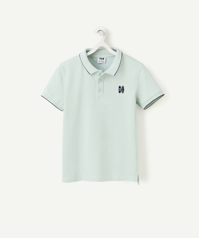 Special Occasion Collection Tao Categories - boy's polo shirt in blue organic cotton with embroidered surf motifs