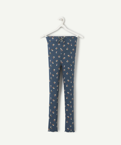 Clothing Nouvelle Arbo   C - GIRLS' TEAL ORGANIC COTTON RIBBED LEGGINGS WITH FLORAL PRINT