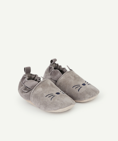 New collection Nouvelle Arbo   C - BABY BOYS' GREY LEATHER BOOTIES WITH CAT MOTIFS