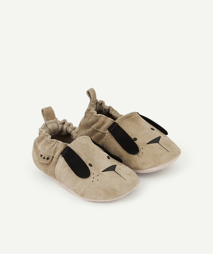 Accessories Tao Categories - BABY BOYS' KHAKI LEATHER BOOTIES WITH DOG MOTIFS