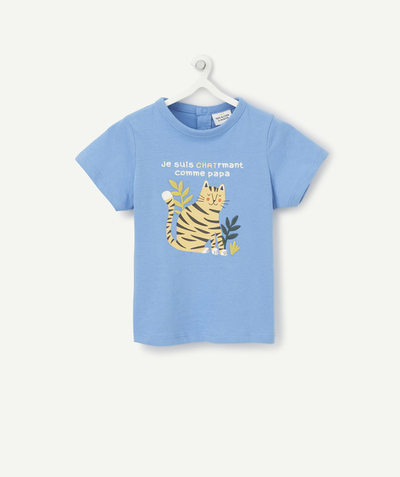 New collection Nouvelle Arbo   C - BABY BOYS' BLUE ORGANIC COTTON T-SHIRT WITH A CAT PRINT
