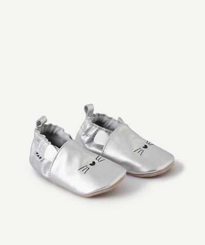 Shoes, booties Nouvelle Arbo   C - BABY GIRLS' SILVERY LEATHER BOOTIES WITH EMBROIDERED CAT MOTIFS