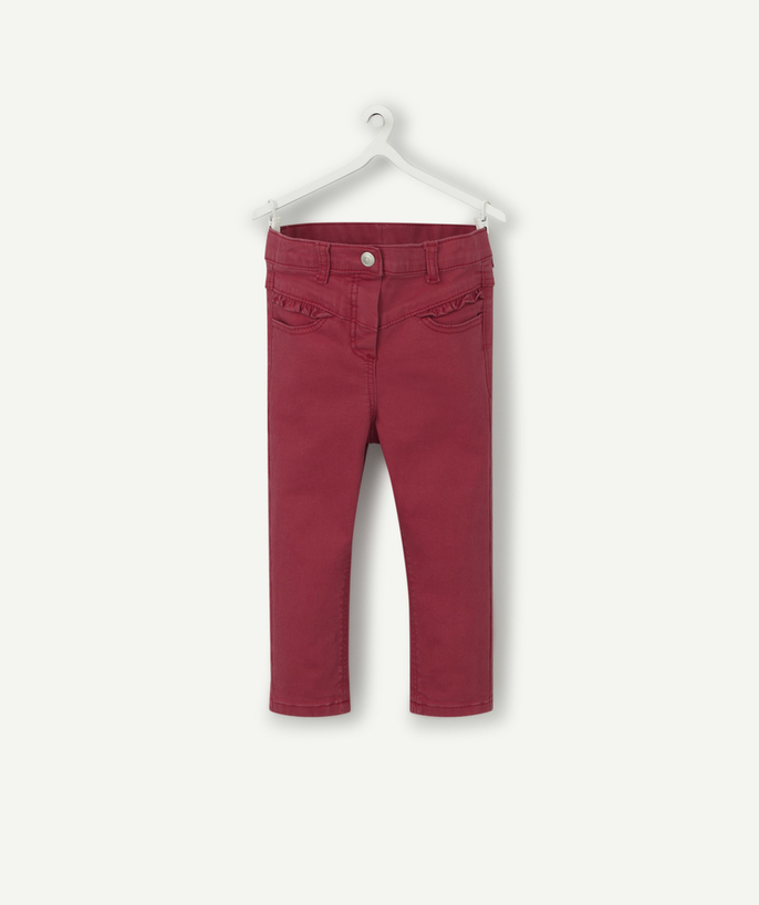 Back to school collection Tao Categories - BABY GIRLS' RED DENIM SLIM-FIT TROUSERS WITH RUFFLES