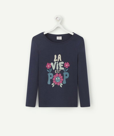 T-shirt - undershirt Nouvelle Arbo   C - GIRLS' NAVY BLUE ORGANIC COTTON T-SHIRT WITH A MESSAGE AND FLOWERS