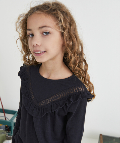 Basics Nouvelle Arbo   C - GIRLS' BLACK ORGANIC COTTON T-SHIRT WITH OPENWORK DETAILS AND RUFFLES