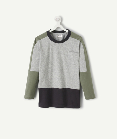 Private sales Tao Categories - BOYS' GREY AND KHAKI ORGANIC COTTON COLOURBLOCK T-SHIRT WITH POCKET