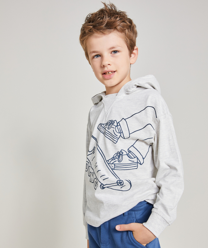 Back to school collection Tao Categories - BOYS' GREY ORGANIC COTTON HOODED T-SHIRT WITH SKATEBOARD AND SLOGAN