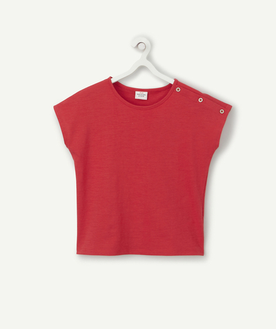 Girl Tao Categories - GIRLS' RED T-SHIRT IN ORGANIC COTTON WITH SEQUINNED BUTTONS
