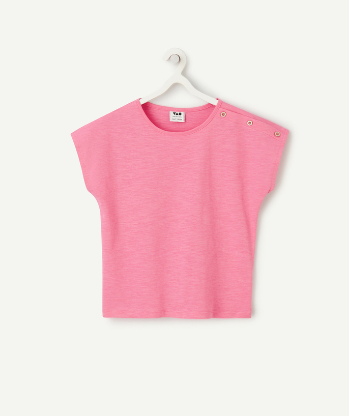 Meisje Tao Categorieën - roze biokatoenen meisjes-T-shirt met korte mouwen en knopen
