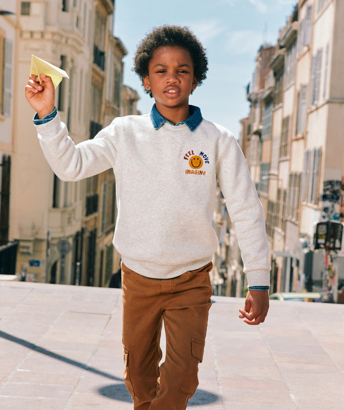 Back to school collection Tao Categories - BOYS' GREY SWEATSHIRT IN RECYCLED FIBRES WITH A MESSAGE AND SMILEY FACE