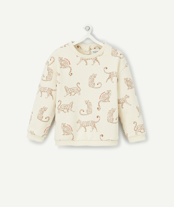 Pullover - Sweatshirt Tao Categories - BABY GIRLS' SWEATSHIRT IN BEIGE ORGANIC COTTON WITH A LEOPARD PRINT