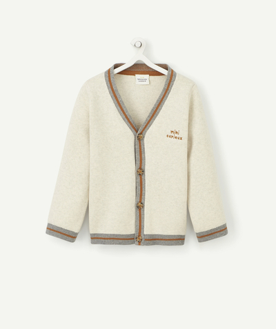 Back to school collection Nouvelle Arbo   C - BOYS' GREY ORGANIC COTTON CARDIGAN WITH TAN ACCENTS