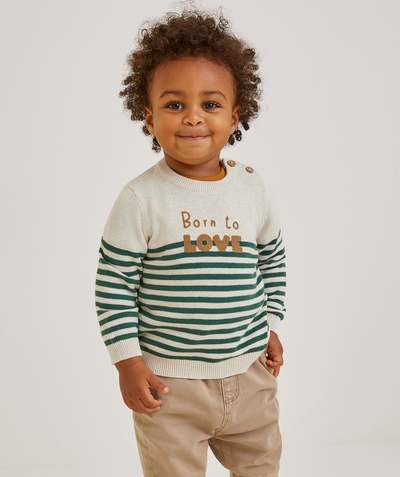 Basics Nouvelle Arbo   C - BABY BOYS' KNITTED JUMPER WITH GREEN STRIPES AND THE MESSAGE BORN TO LOVE