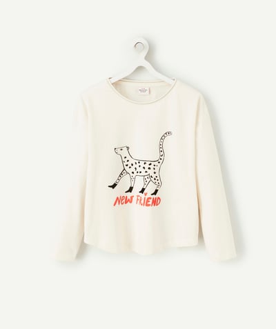 Outlet Tao Categories - GIRLS' CREAM ORGANIC COTTON T-SHIRT WITH LEOPARD AND SLOGAN