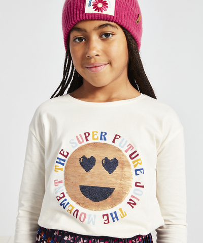 Back to school collection Nouvelle Arbo   C - GIRLS' ORGANIC COTTON T-SHIRT WITH REVERSIBLE SEQUIN SMILEY