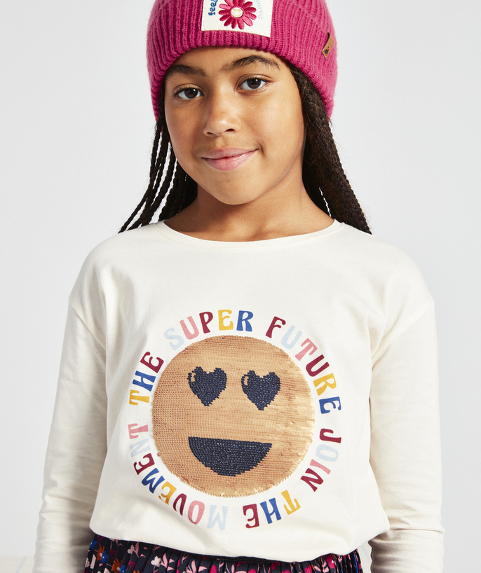 Back to school collection Tao Categories - GIRLS' ORGANIC COTTON T-SHIRT WITH REVERSIBLE SEQUIN SMILEY