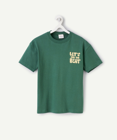T-shirt Tao Categories - BOYS' GREEN ORGANIC COTTON T-SHIRT WITH FLOCKED MOTIF AND SLOGAN