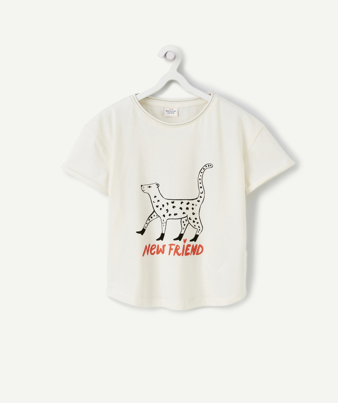 T-shirt - undershirt Tao Categories - GIRLS' CREAM ORGANIC COTTON T-SHIRT WITH LEOPARD DESIGN