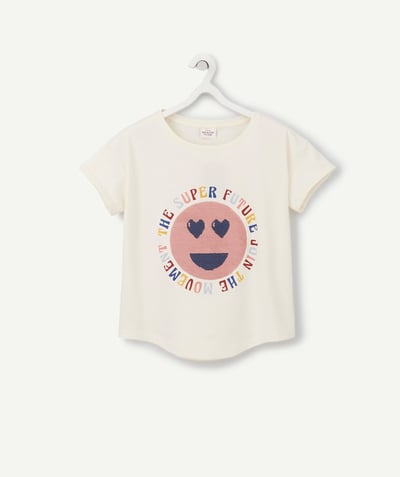 Back to school collection Nouvelle Arbo   C - GIRLS' CREAM ORGANIC COTTON T-SHIRT WITH SEQUIN SMILEY AND SLOGAN