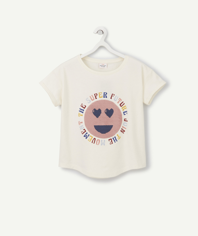 T-shirt - undershirt Tao Categories - GIRLS' CREAM ORGANIC COTTON T-SHIRT WITH SEQUIN SMILEY AND SLOGAN