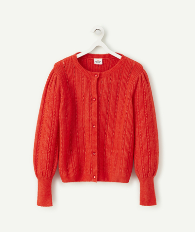Back to school collection Nouvelle Arbo   C - GIRLS' RED RECYCLED FIBRE CARDIGAN WITH OPENWORK