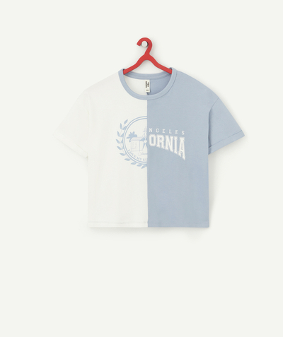 T-shirt - Chemise Nouvelle Arbo   C - T-SHIRT FILLE EN COTON BIO BLANC ET BLEU DOUBLE MOTIF