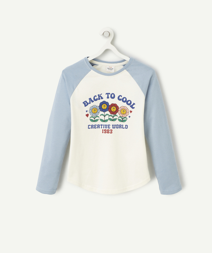 Back to school collection Tao Categories - GIRLS' CREAM AND BLUE ORGANIC COTTON T-SHIRT WITH FLOWER MOTIFS