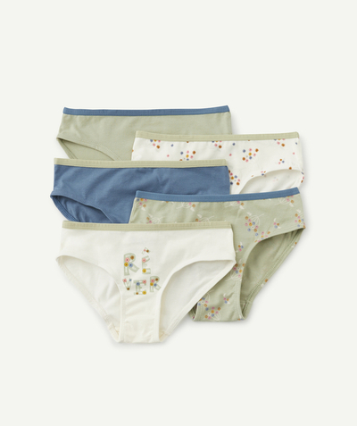Girl Tao Categories - SET OF FIVE GREEN AND CREAM FLORAL ORGANIC COTTON BRIEFS