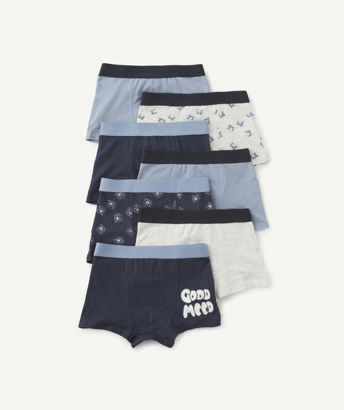 Underwear Tao Categories - SET OF SEVEN BOYS' BLUE PLAIN AND PATTERNED ORGANIC COTTON BOXERS