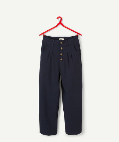 Campus spirit Tao Categories - GIRLS' BLACK NAVY WIDE-LEG TROUSERS WITH TORTOISESHELL-EFFECT BUTTONS